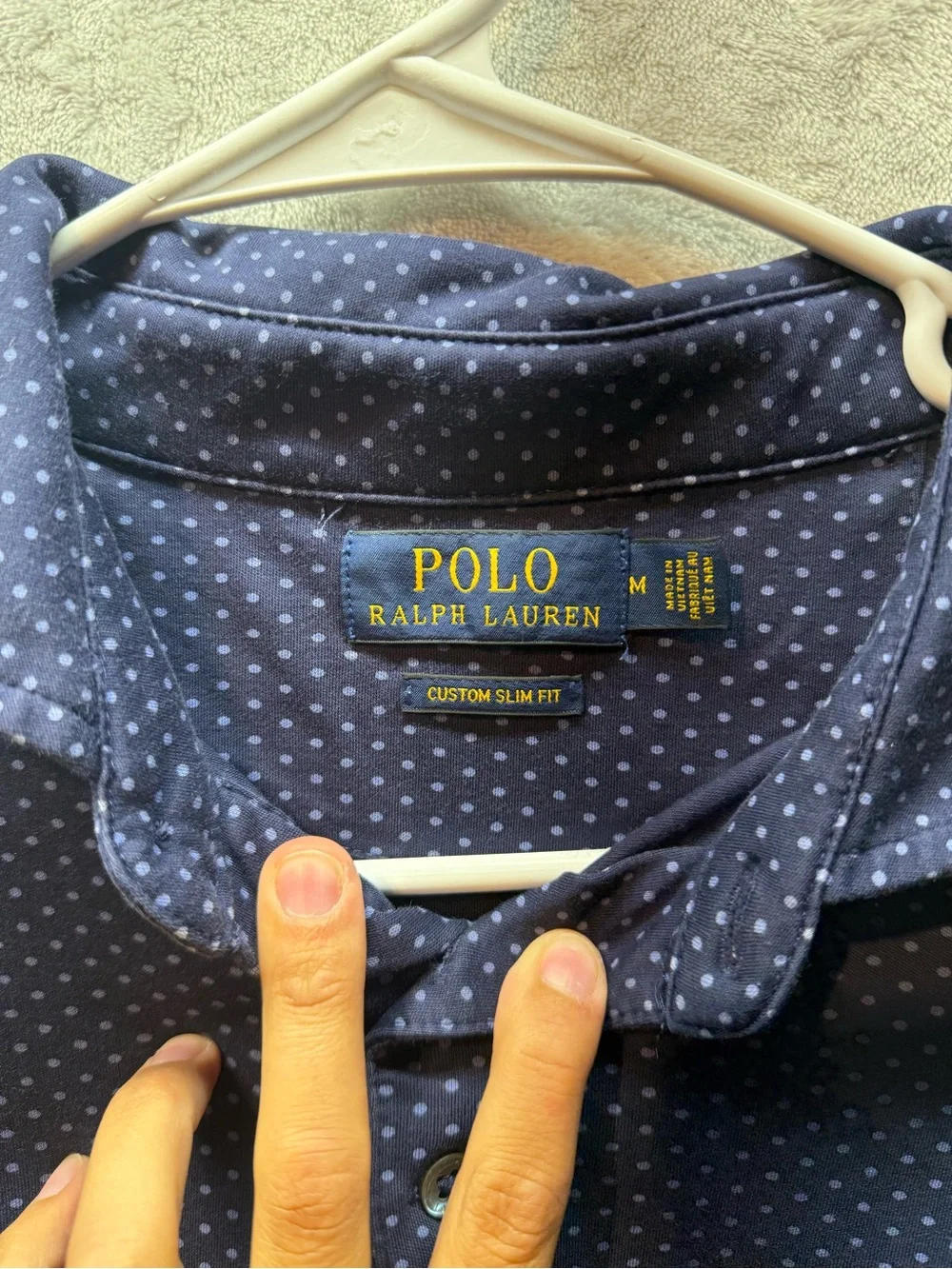 Ralph Lauren Navy Blue Long-Sleeve Polo with White Micro Dot Print